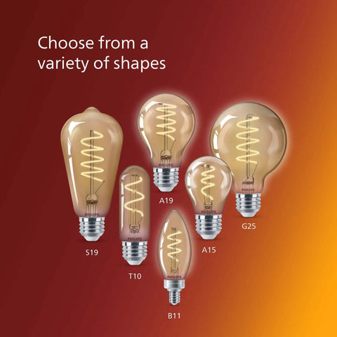 Image showing a variety of Vintage G25 Amber Edison Filament LED Bulbs 60W Equivalent 2000K Warm Glow Dimmable Flicker-Free 4 Pack.