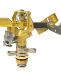 Rock Built Heavy Duty Brass Impact Sprinkler Head With Smooth 0 To 360 Degree Coverage Pattern For Big Time Patio Lawn Irrigation And Zero Drama Hose Hookup All Season close-up showing the brass head and adjustment knobs