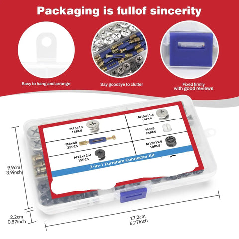 All In One Heavy Duty Pro Grade Furniture Hardware Kit With Cam Lock Fasteners And Eccentric Wheel Screws packaging and dimensions