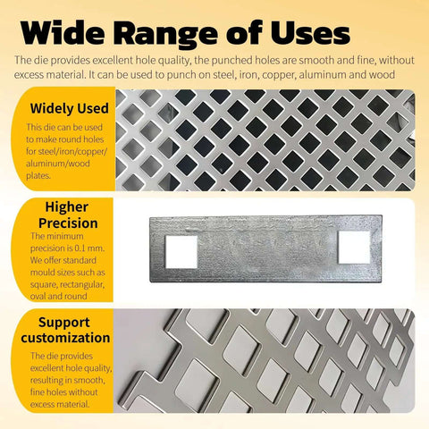 Display showing heavy duty square punch die for CH70 hydraulic press, 13.5x13.5mm holes in metal sheets, precise punching details.