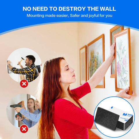 Woman using Double Sided Adhesive Pads Heavy Duty 3mm Foam Tape 48 Pcs Pre Cut Waterproof Mounting Tape For Walls Pictures Car Home Office Holds Up To 2kg Great For DIY Projects And Quick Mounts to hang picture