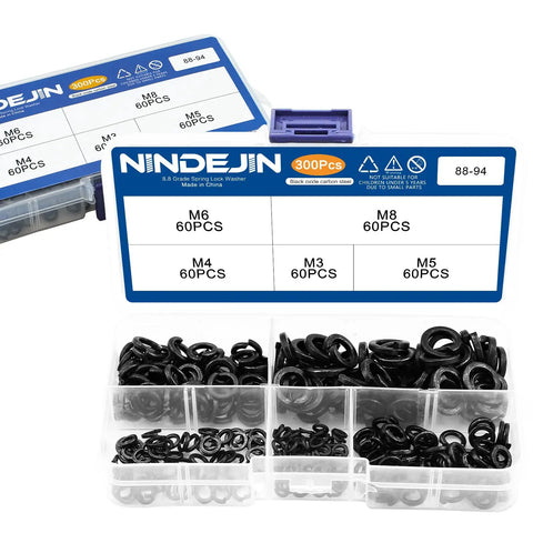 Heavy Duty Zinc Plated Carbon Steel Lock Washers Assortment Kit 300 PCS showing organized black zinc split washers for M3 M8.