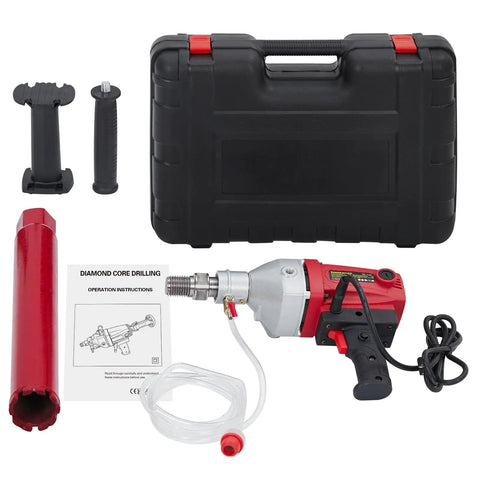 Powerful Beast 1500W 2 In 1 Wet And Dry Handheld Concrete Core Drill With Diamond Core Bits, carrying case, and accessories.