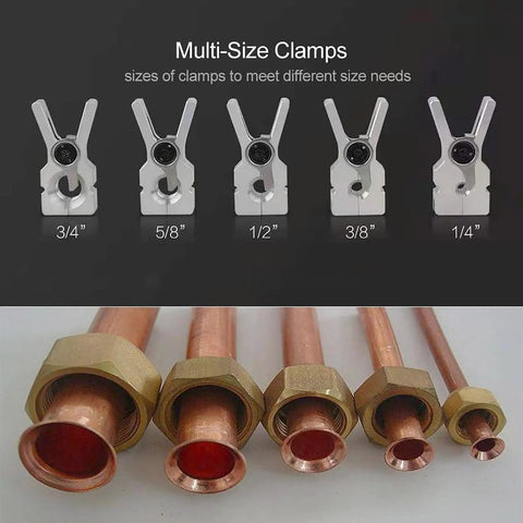 Multi-size clamps and flared copper pipes from Electric Flare Tool Kit For HVAC Pros, Three Quarters Inch Max OD, Five Clamp Sizes