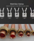 Multi-size clamps for 1/4 to 3/4 inch copper HVAC pipes and copper pipes with brass fittings.
