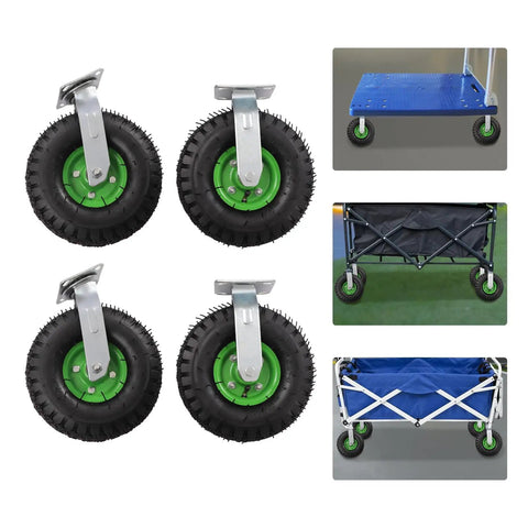 Smooth Operator Heavy Duty Pneumatic Casters 10 Inch Air Tire Wheels Bolt On Setup Swivel And Rigid Set Black Rubber Tires on a rolling cart.