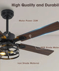 Close-up of 52 Inch Premium Farmhouse Ceiling Fan With Warm Ambient Glow, showing MDF blades and iron shade details.