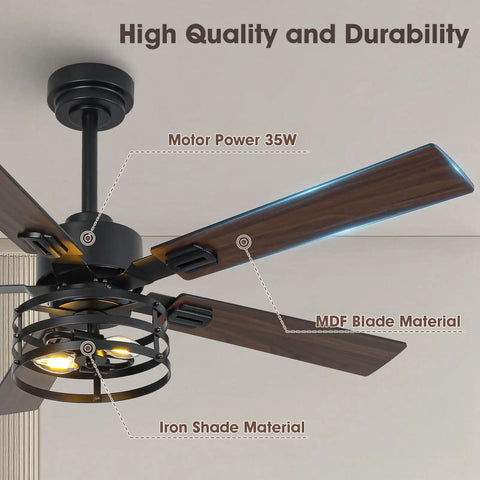 Close-up of 52 Inch Premium Farmhouse Ceiling Fan With Warm Ambient Glow, showing MDF blades and iron shade details.