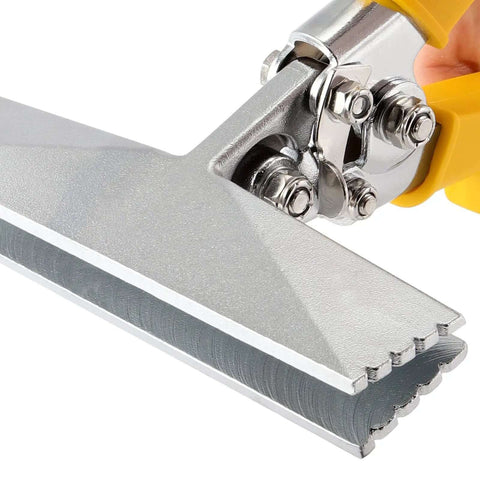 Close-up of 6 Inch Sheet Metal Hand Seamer With Straight Jaw Pliers for bending, seaming, and flattening with anti-slip handles and precision notches