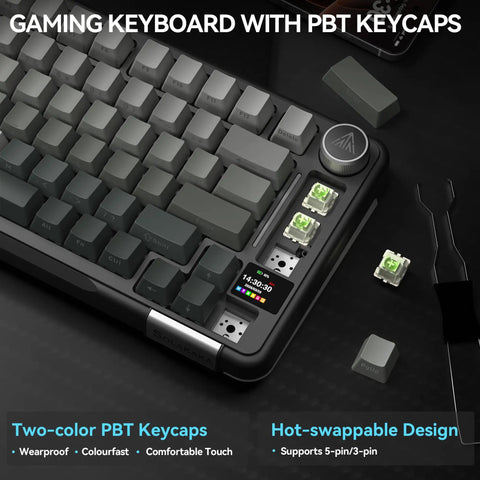 Hella Smooth Tri Mode Wireless Mechanical Keyboard With Smart Lcd Panel And Twist Knob Compact Seventy Five Design, featuring PBT keycaps.