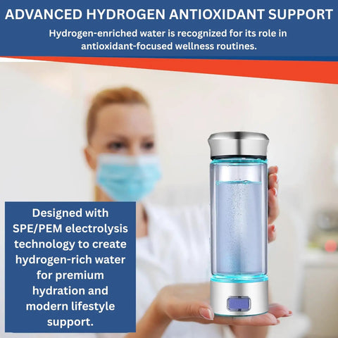 Hydrogen Water Bottle Generator With Lab Tested Output Up To 3310 PPB, SPE PEM Technology, Premium Borosilicate Glass in hand