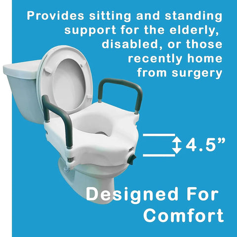 Raised Toilet Seat With Handles 4.5 Inch Lift For Elongated And Round Toilets, Safe Locking Arms For Stability, No Sweat Lightweight