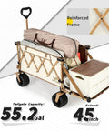 Collapsible Folding Wagon With Built In Table And All Terrain Heavy Duty Utility Cart For Camping Beach Garden And Sports Open Tailgate Design Beige Portable shown