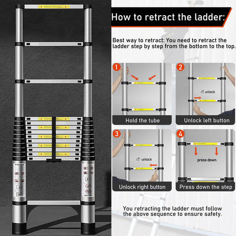 Telescoping Aluminum Ladder 12.5 Feet With Non Slip Feet Portable Collapsible Extension Ladder For Home Roof Loft RV Use EN131 Certified 330 Pound Weight Capacity with retraction instructions.