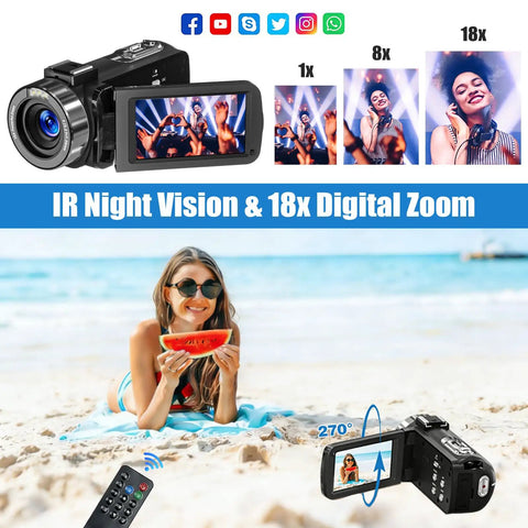 4K Camcorder For YouTube Vlogging With 80MP Image Capture, Infrared Night Vision, 18X Digital Zoom, 3.0 Inch IPS Screen shown