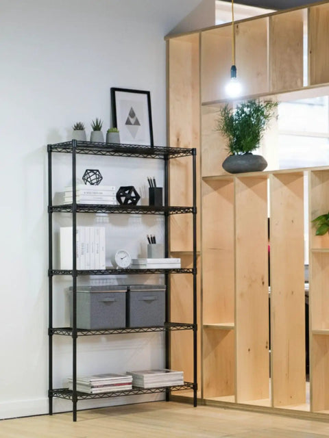 Beefy 5 Tier Metal Adjustable Freestanding Garage Storage Wire Shelving Unit 36 In W x 72 In H x 14 In D in black, loaded in a room
