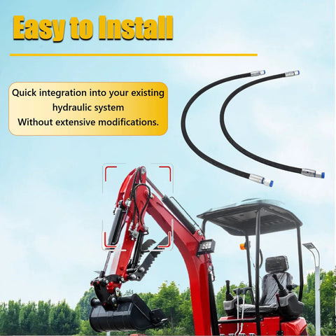 Two black hydraulic hoses for excavator diverter valve, 32-inch length, M14 ends, 1/4-inch interface, 60 MPa