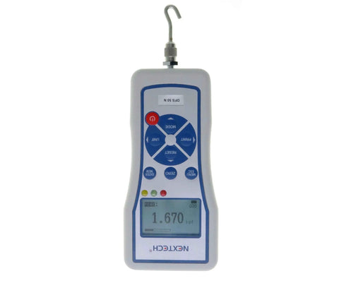 Rugged Digital Force Gauge 1000N Push Pull Tester With Peak And Track Modes Inverted Backlit Graphic LCD Pass Fail LED USB Output Data Download Ready 0.2 Percent Of Full Scale Accuracy Metal Enclosure For Heavy Duty Use, front view