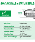 Pack Of Ten One Quarter JIC Male To One Quarter JIC Male Hydraulic Hose Adapter Fittings With Protective Cover High Pressure Up To 5000 Psi Wide Temperature Range Minus 65 To 500 Degrees Straight Tube Hydraulic Connectors, carbon steel