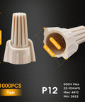 Tan Wire Nuts Connectors P12 22-10AWG Twist Caps For Electrical Wiring Bulk Kit 1000 Pcs, side and bottom view