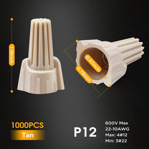 Tan Wire Nuts Connectors P12 22-10AWG Twist Caps For Electrical Wiring Bulk Kit 1000 Pcs, side and bottom view