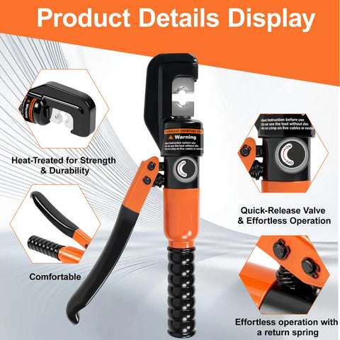 Beefed Up Hydraulic Crimping Tool Kit With 9 Dies For Battery Cables And Wire 12 AWG To 2/0 AWG Copper Aluminum Stainless Steel 6 Ton Crimper Ideal For Automotive And Marine Electrical Projects Durable Build For Quick Consistent Crimps product display with ergonomic handle and quick-release valve