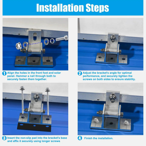 Installation steps for 8 Pack Adjustable RV Solar Panel Mounting Brackets With 10 to 60 Degree Tilt, Roof Mount Kit.