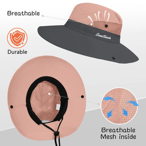 Women's Ponytail Safari Sun Hat With Wide Brim And UV 50 Protection Foldable Outdoor Bucket Style showing breathable mesh.