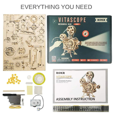 Vitascope 3D Wooden Puzzle Vintage Film Projector Model Kit With Hand Crank 183 Piece Wood Building Set For Adults And Teens Ideal Gift For Hobbyists And Movie Buffs, parts and box