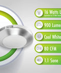 Integrated LED Light Bath Fan With Ceiling Mount Exhaust Quiet One Point One Sones Eighty CFM Brushed Nickel Finish 16 Watts
