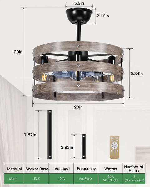 20 Inch Bladeless Ceiling Fan With Lights Remote App Control, Modern Vintage Design, in metal and wood, flush mount style