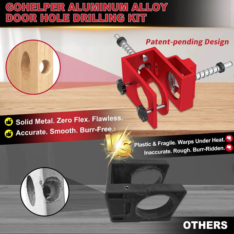 Heavy Duty 6061 Aluminum Door Lock Installation Kit With Router Compatible Door Latch Mortise Tool Jig Set, shows red aluminum drilling tool.