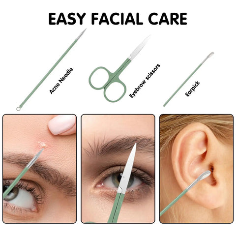 All In One Nail And Foot Care Kit For Women Pro Grade 12 Piece Manicure Pedicure Set showing acne needle, eyebrow scissors, earpick
