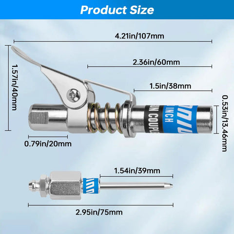 Dimensions of Upgraded 0.53 Inch Grease Gun Coupler Kit With Locking And Leakproof 12000 PSI Tip Set, Narrow Needle Dispenser