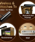 Battery Operated Picture Light With Wireless Remote Control Dimmable Art Light shown on frames, bookshelves, and wall display