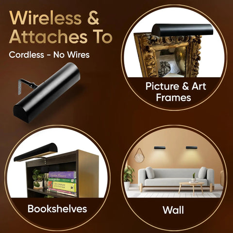 Battery Operated Picture Light With Wireless Remote Control Dimmable Art Light shown on frames, bookshelves, and wall display