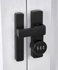 Matte Black 180 Degree Barn Door Lock With 3 Digit Keyless Password Latch Flip Lock for Privacy installed on a white door.