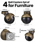 Heavy Duty Four Pack Two Inch Vintage Antique Brass Ball Caster Wheels With Slick 360 Spin Bearing, dimensions and details shown.