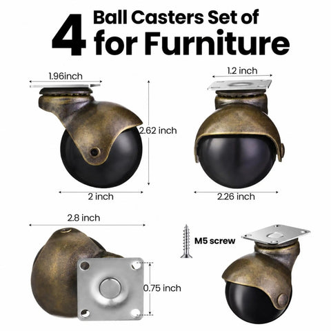 Heavy Duty Four Pack Two Inch Vintage Antique Brass Ball Caster Wheels With Slick 360 Spin Bearing, dimensions and details shown.