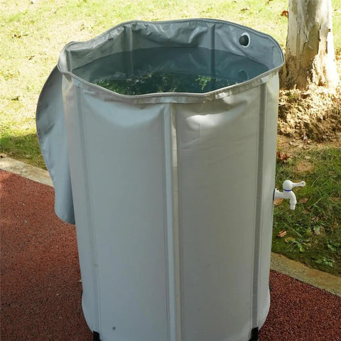 250L Portable Rainwater Collection Barrel With Stand And Tap For Garden in outdoor setting, filled with water