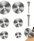 8 Piece High Speed Steel Mini Saw Blade Set For Drills And Rotary Tools showcasing different blade sizes and a cutting application