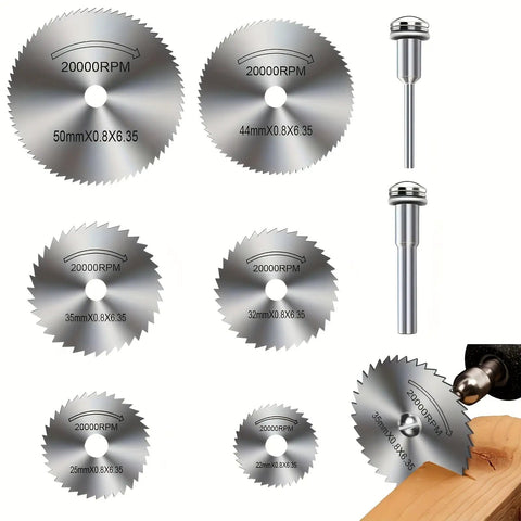 8 Piece High Speed Steel Mini Saw Blade Set For Drills And Rotary Tools showcasing different blade sizes and a cutting application