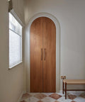 Wooden closet doors with Black Zinc Alloy Cabinet Handles Set of 6, 12.6 Inch Center To Center Pulls in a beige room.