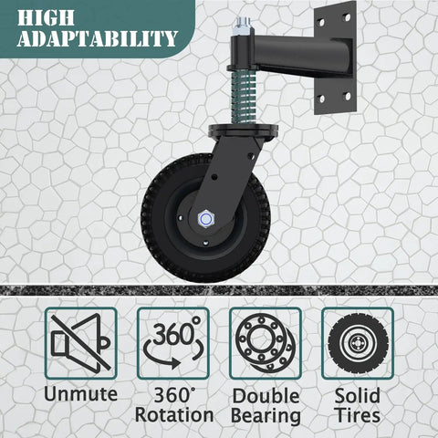Heavy Duty 6 Inch Gate Wheels 2 Pack With Spring Loaded Shock Absorption Runs Wild On Smooth Tracks Over Grass And Gravel Kills Gate Dragging Dead mounted on wall with rubber tire and spring for smooth rotation