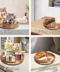12 Inch Acacia Wood Lazy Susan Turntable With Double Handle in bathroom, living room, kitchen, and bedroom settings.