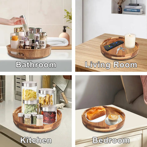 12 Inch Acacia Wood Lazy Susan Turntable With Double Handle in bathroom, living room, kitchen, and bedroom settings.
