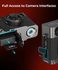 Close-up of Fujifilm X Half L Shaped Grip with quick release plate attached to camera, showing full access to interfaces.