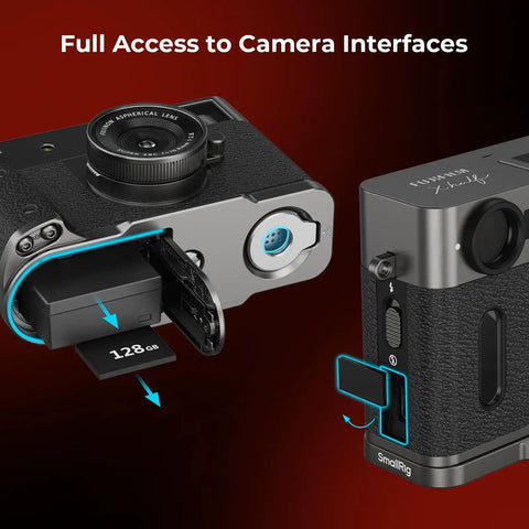 Close-up of Fujifilm X Half L Shaped Grip with quick release plate attached to camera, showing full access to interfaces.