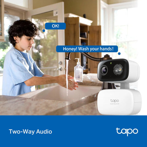 Indoor Outdoor Pan Tilt Wired Security Camera Two Pack For Baby Monitoring And Person Detection With Cry Alerts next to child at sink