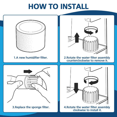 Installation guide for 30 Pack Top Fill Humidifier Replacement Filters That Fit Classic 160 150 200S 300 300S LV600S OasisMist 450S Superior 6000S Ultrasonic Humidifiers showing filter replacement steps.